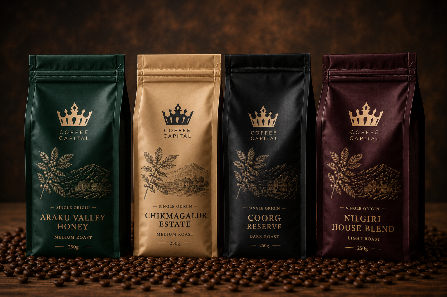 All four Coffee Capital coffee bags lined up — Araku Valley Honey, Chikmagalur Estate, Coorg Reserve, and Nilgiri House Blend